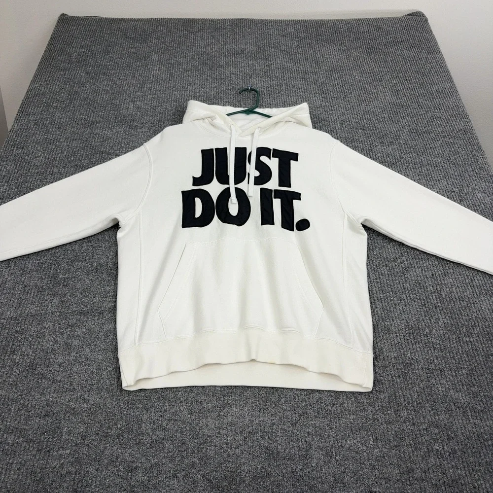 Nike Hoodie Mens M White Cotton Just Do‎ It Graphic Fleece Pullover Streetwear